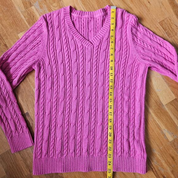 Womens Pink Cable Knit Cotton Sweater Size Medium V Neck Pullover Classic Preppy - Picture 4 of 8